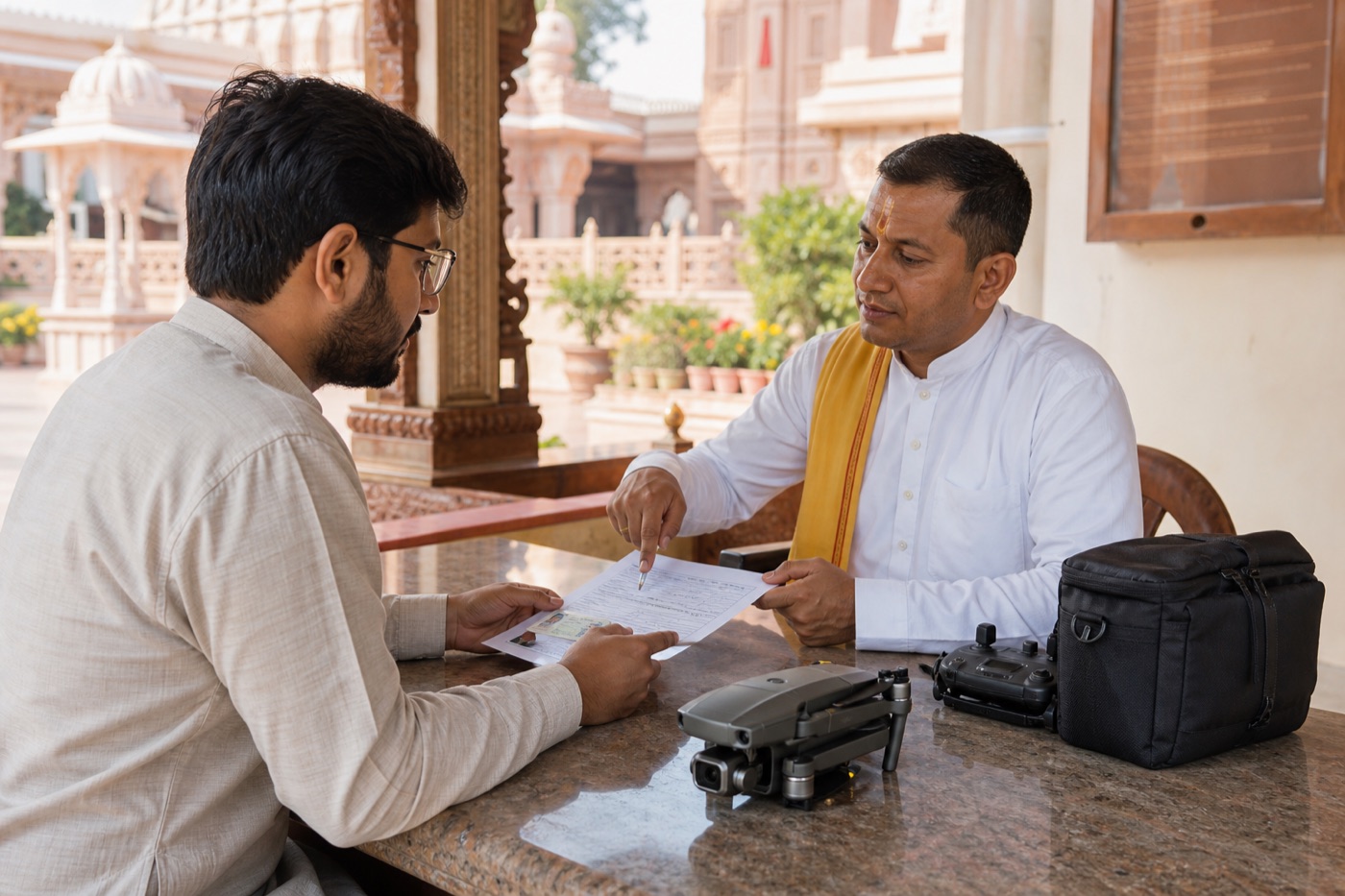 Visitor submitting drone shooting permission form at the temple media desk