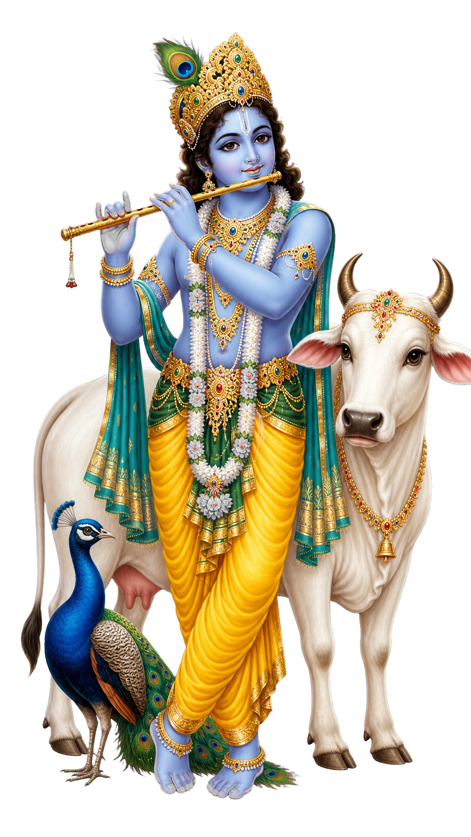 Lord Krishna with a cow and peacock