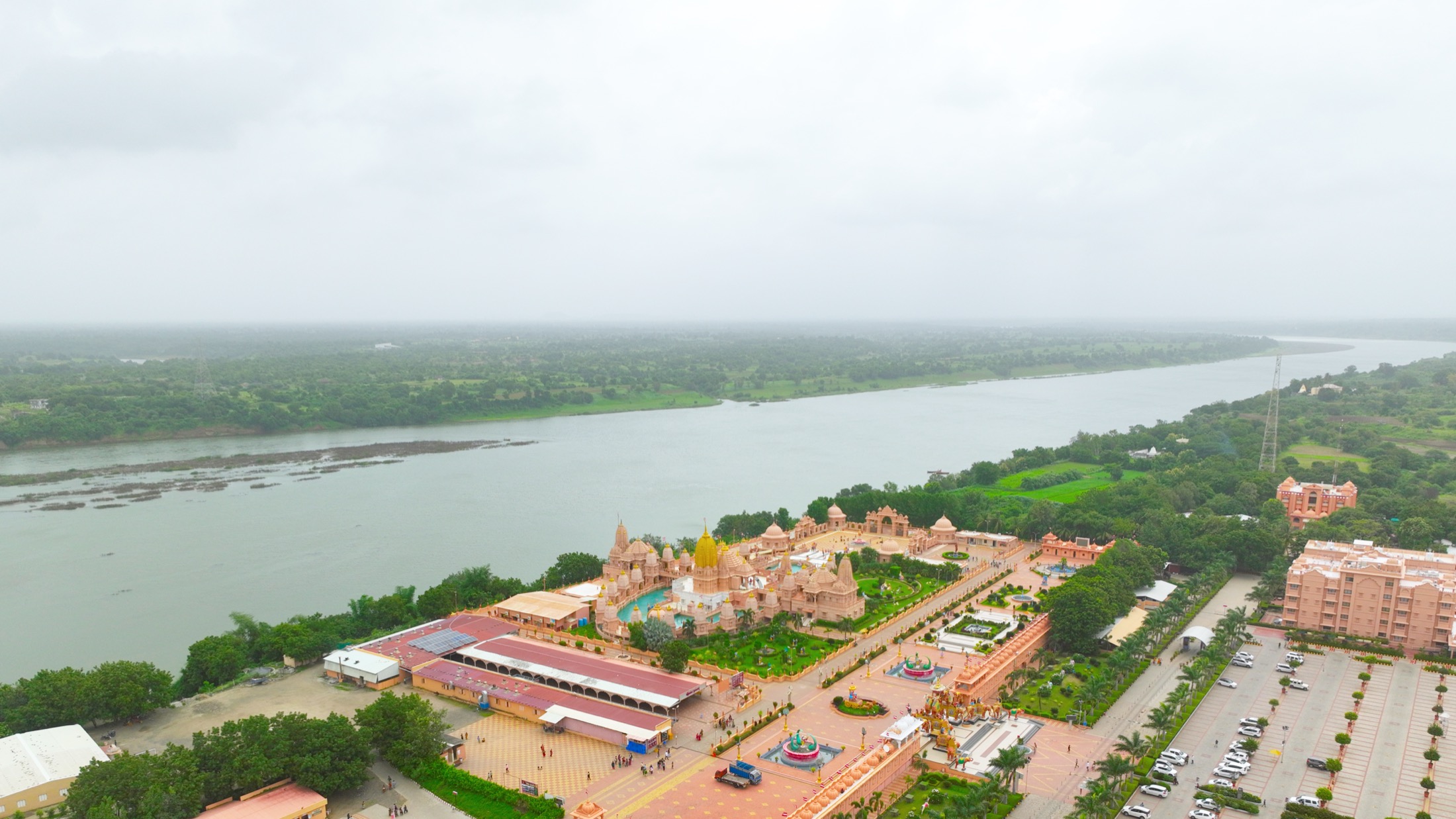 Aerial view of Nilkanthdham and the Narmada landscape