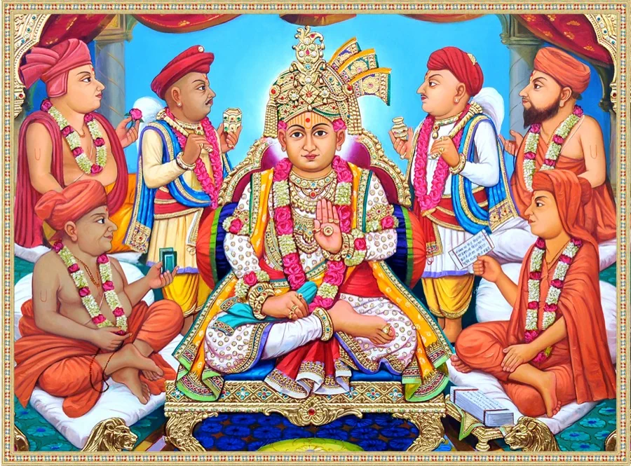 Devotional sabha artwork with Bhagwan Swaminarayan and saints