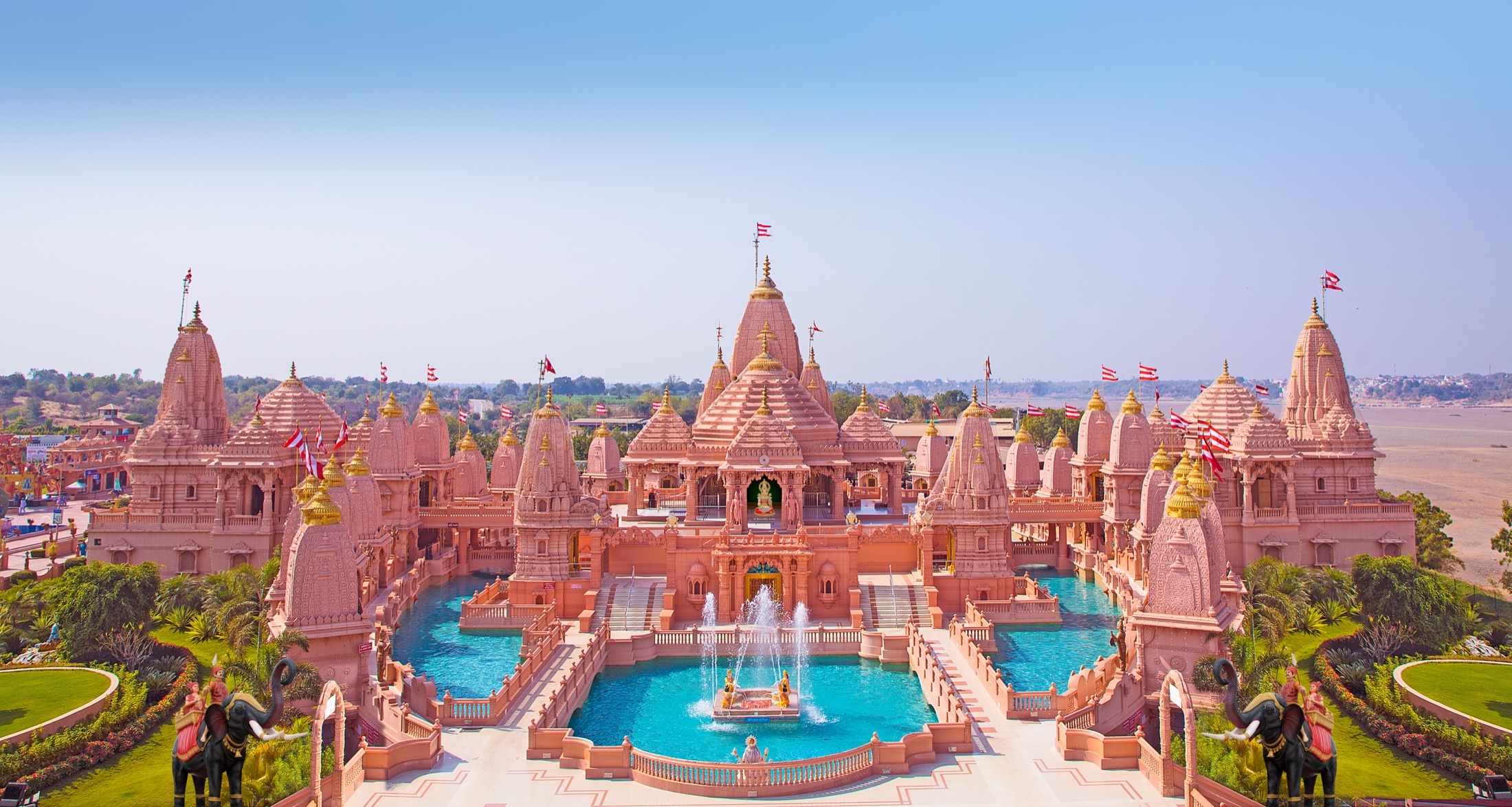 Aerial view of Shri Nilkanthdham mandir, sarovar and pradakshina path